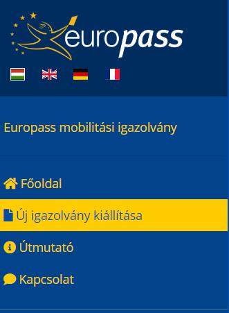 A nyelv kiválasztása utána az igazolvány kitöltését az Új igazolvány kitöltése nevű menüsávra kattintva kezdheti meg.