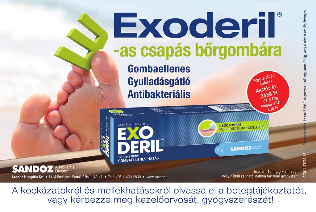 Az Exoderil krémet elhúzódó hatásának köszönhetően elegendő naponta egyszer alkalmazni. Exoderil 10 mg/g krém, 30 g Hatóanyag: naftifin, naftifin tartalmú. 2439 Ft OEXO1460/04.23 Sandoz Hungária Kft.