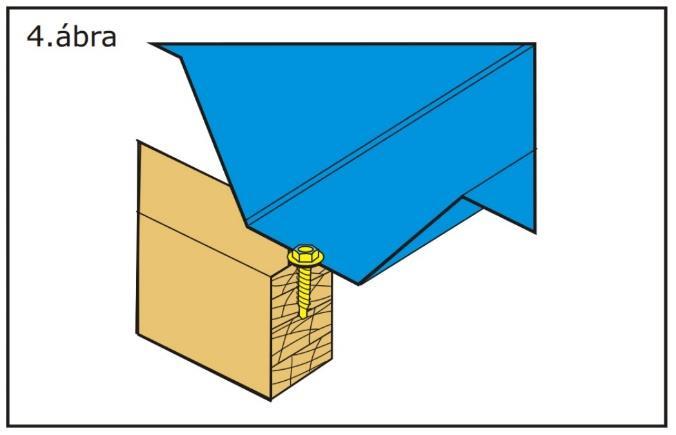 A trapézlemezeket tetőléc esetén 4,8 x 35 mm-es bádogos csavarral (4. ábra), fémszerkezet esetén 4,8 x 19 mm-es fém önmetsző csavarral (5. ábra) rögzítjük a hullámvölgyeknél becsavarva.