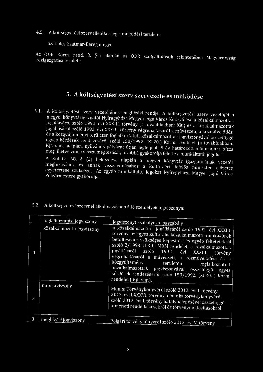 A költségvetési szerv vezetőjének megbízási rendje: A költségvetési szerv vezetőjét a megyei könyvtárigazgatót Nyíregyháza Megyei Jogú Város Közgyűlése a közalkalmazottak jogállásáról szóló 1992.