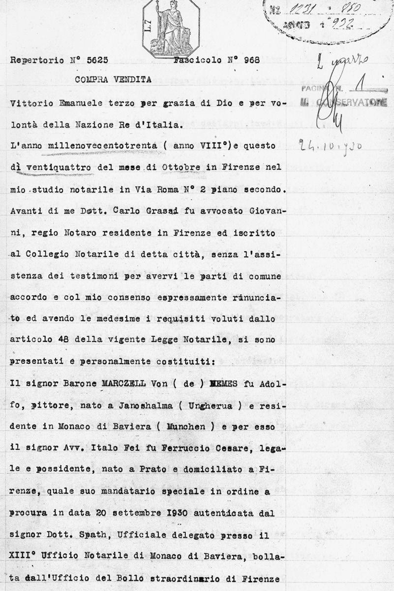 A Conservatoria Registri Immobiliariban őrzött adásvételi szerződés ötödik paragrafusa szerint Dr. Cav. Uff. Levi Ugo 1920. április 26-án vásárolta meg a palotát Luisa Casati márkinőtől.