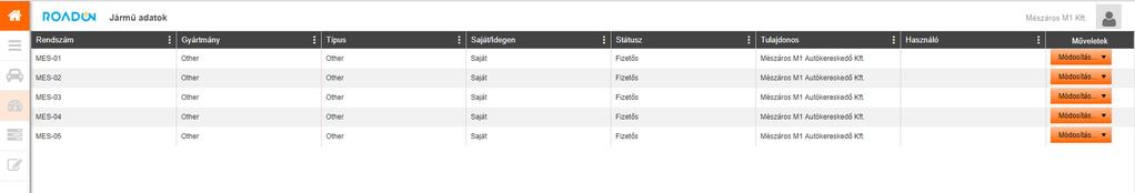 járművek adatainak rögzítésére/módosítására, a járművezetők által beküldött km értékek, és események