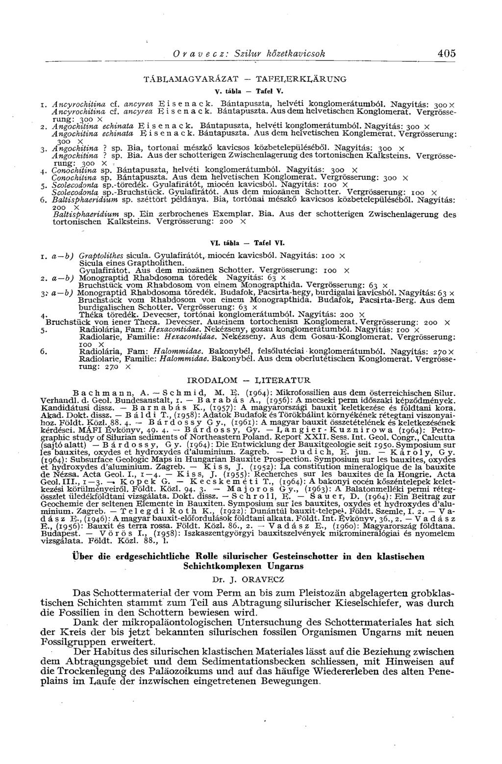 О y av e с z: Szilur kőzetkavicsok 405 TÁBLAMAGYARÁZAT - V- tábla Tafel V. TAFELERKLÄRUNG 1. Ancyrochitina cf. ancyrea Eisenack. Bántapuszta, helvéti konglomerátumból.