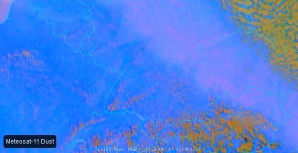 8) 30 June 2018 09:25 UTC Derült területen Kevesebb piros árnyalat - nedvesebb alsó troposzféra Több piros árnyalat - szárazabb alsó troposzféra https://www.eumetsat.