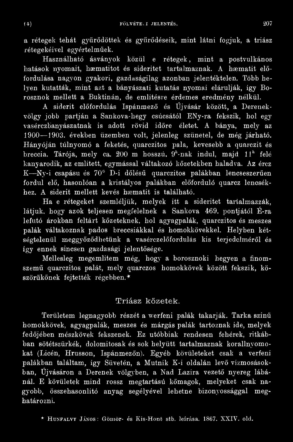 A bánya, mely az 1900 1903. években üzemben volt, jelenleg szünetel, de még járható. Hányóján túlnyomó a feketés, quarczitos pala, kevesebb a quarczit és breccia. Tárója, mely ca.