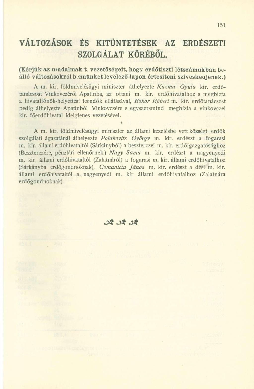 VÁLTOZÁSOK ÉS KITÜNTETÉSEK AZ ERDÉSZETI SZOLGÁLAT KÖRÉBŐL. (Kérjük az uradalmak t. vezetőségeit, hogy erdőtisztl létszámukban beálló változásokról bennünket levelező-lapon értesíteni szíveskedjenek.