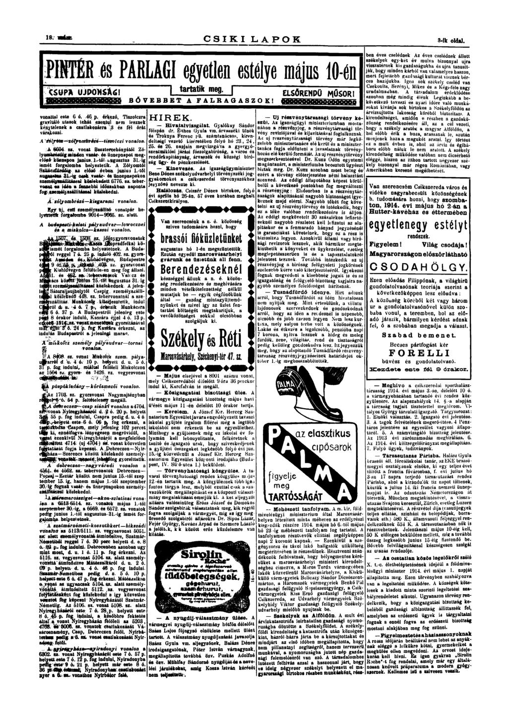 18. m C S Í K l a p o k 3-lk oldal. PNTÉR és PARLAG egyetlen estélye májas 10-én CSUPA UJP0XSÁ6! vonattal este G 6. 46 p.