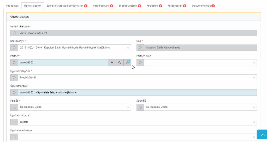 Iktatások beviteli képernyő Ügyirat adatok fül