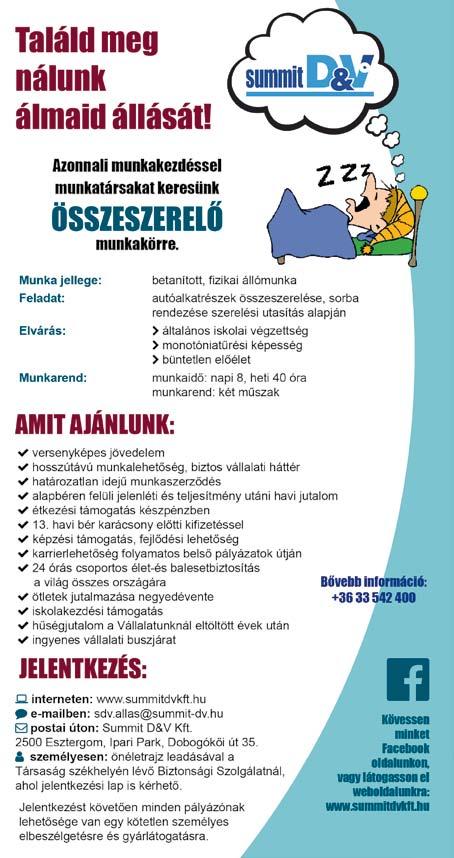 órában, egymûszakos munkarend, cafeteria Jelentkezni lehet: 2500 Esztergom, Schweidel J. u. 50.; Email: uveges@scinvest.hu; Tel.: 30/284-0787 A közel 40.