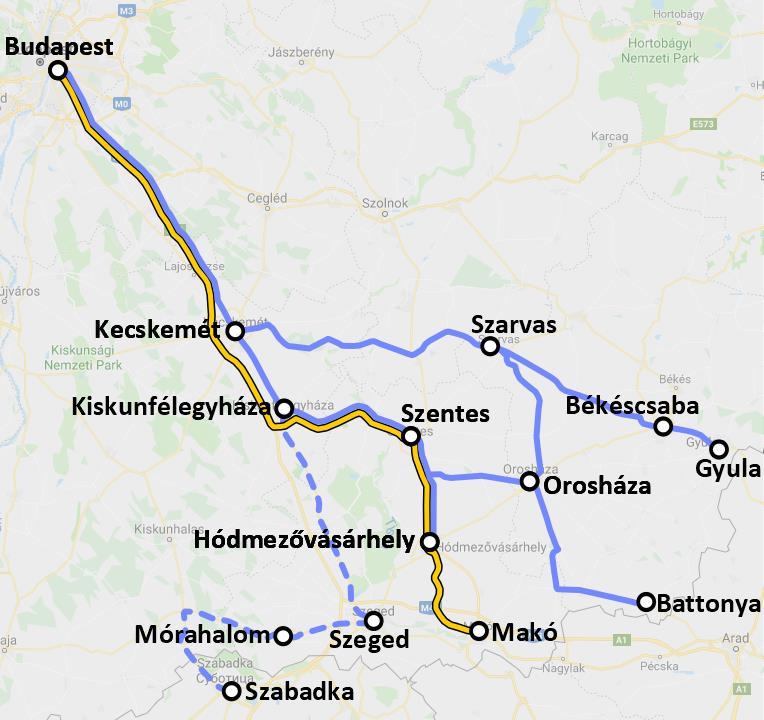 Hálózat és menetrend - Dél-Alföld A közúti és vasúti alágazatok között fennálló indokolatlan párhuzamosságok csökkentése Budapest és Szeged, Budapest és Kiskunfélegyháza között.