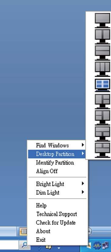 Bal kattintás menü Az Desktop Partition (Asztal Partíció) ikonon bal kattintással gyorsan tud aktív ablakot küldeni bármely partícióra, anélkül, hogy át kéne húznia.