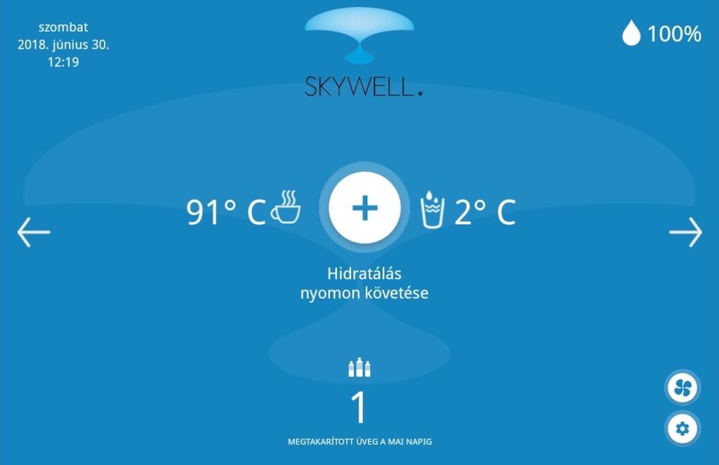 A SKYWELL ALKALMAZÁS KEZELŐPANELJE IDŐ ÁS DÁTUM SAJÁT LOGÓ HIDEGVÍZ TARTÁLY TÖLTÖTTSÉGE HIDRATÁLÁSI PROFIL / EGYEDI KÉPEK KAPCSOLAT INFORMÁCIÓ EGYÉNI