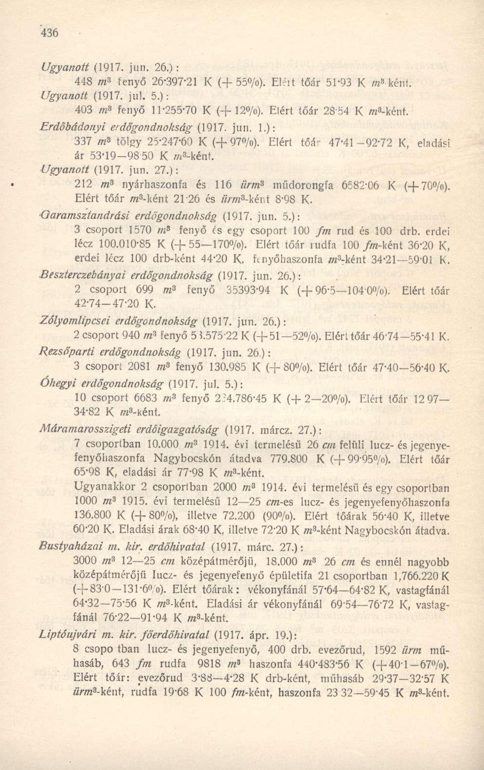 Ugyanott (1917. jun. 26.): 448 m 3 fenyő 26-397-21 K (+55%). Elél t tőár 51-93 K m 8 ként. Ugyanott (1917. jul. 5.): 403 nfl fenyő 11-255-70 K (+12%). Elért tőár 2854 K m«-ként.