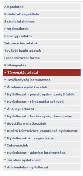 Bal oldalon található menüsorban levő fülekre