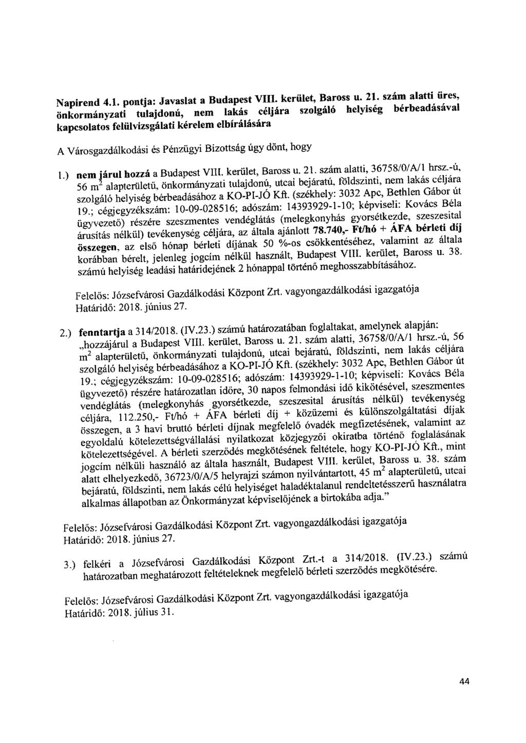 Napirend 4.1. pontja: Javaslat a Budapest VIII. kerület, Baross u. 21. szám alatti üres önkormányzati tulajdonú, nem lakás céljára szolgálo hely.