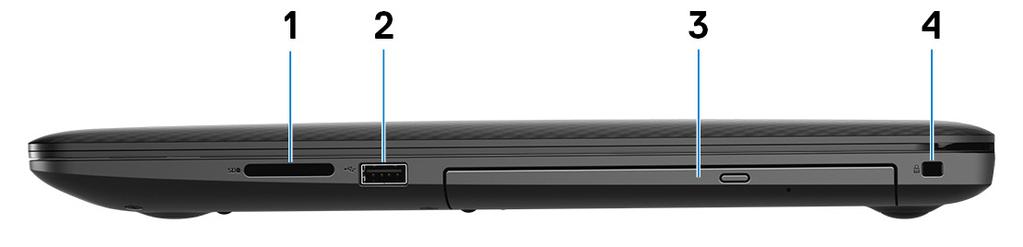 Az Inspiron 3780 különböző nézetei 3 Jobb 1 SD-kártyafoglalat SD-kártya olvasása és írása. 2 USB 2.0-port Csatlakozást biztosít perifériák, például külső adattároló eszközök és nyomtatók számára.