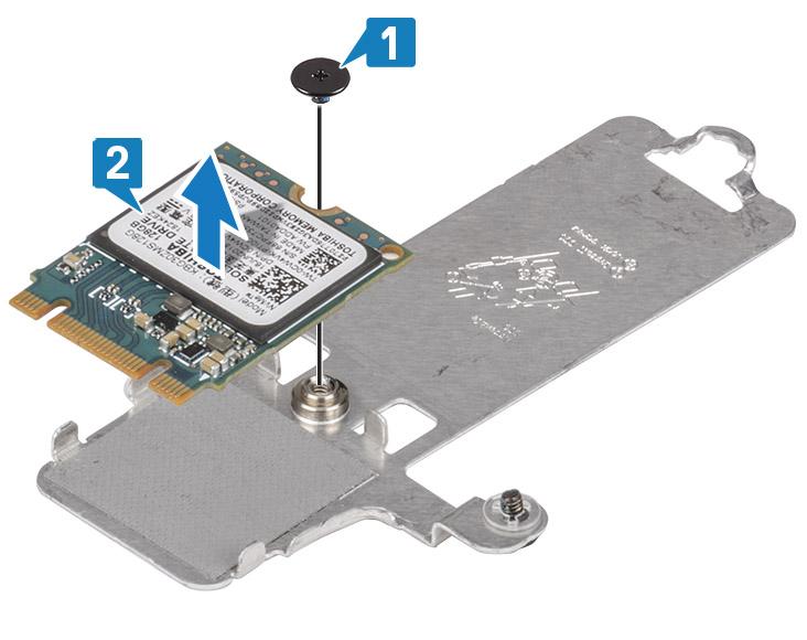 4 Fordítsa meg a hővezető lemezt. 5 Távolítsa el az egy csavart (M2x2), amely az SSD-meghajtót a hővezető lemezhez rögzíti [1]. 6 Emelje le az SSD-meghajtót a hővezető lemezről [2]. Az M.