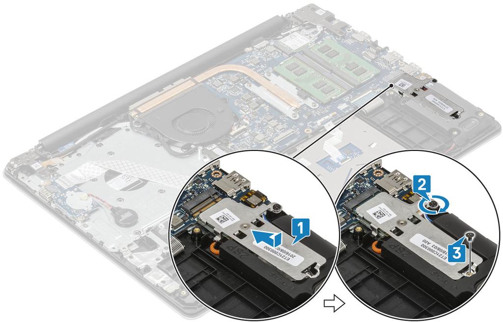 3 Igazítsa az SSD-meghajtón lévő bemetszést az SSD-meghajtó csatlakozóján található fülhöz. 4 Csúsztatva helyezze be az SSD-meghajtót a megfelelő foglalatba [1].