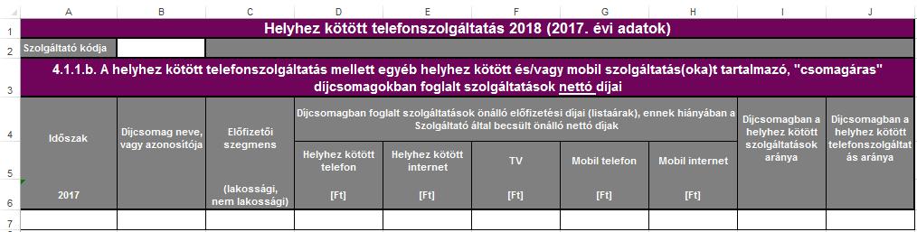 4.1.1.b A helyhez kötött telefonszolgáltatás mellett egyéb helyhez kötött és/vagy mobil szolgáltatás(oka)t tartalmazó, csomagáras díjcsomagokban foglalt szolgáltatások nettó díjai (segédtábla) Az