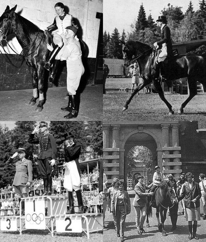 Lis Hartel félig bénán, az 1952-es olimpiai lovaspályán és a dobogón, illetve terápiás munka közben Fotó: horsenation.