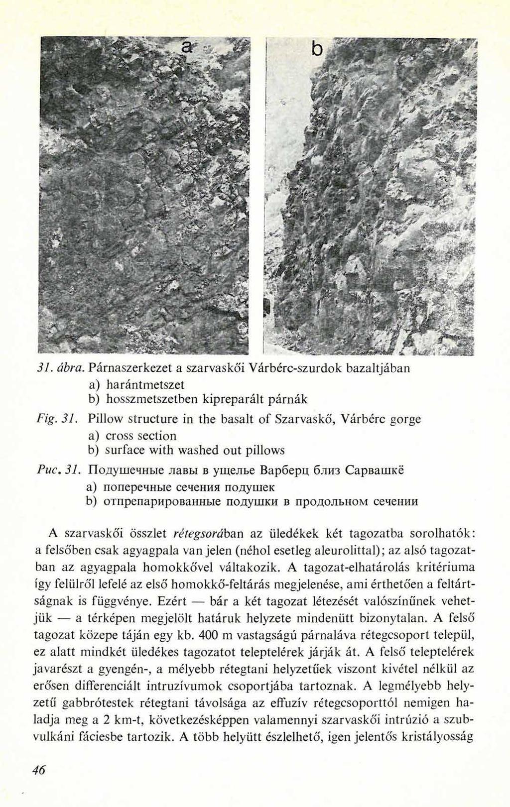 31. ábra. Párnaszerkezet a szarvaskői Várbérc-szurdok bazaltjában a) harántmetszet b) hosszmetszetben kipreparált párnák Fig. 31.
