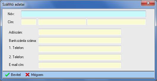Új szállító bevitele Új szállító bevitele az Új adat gombbal illetve popup menü Új adat menüponttal indítható.