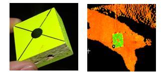 2. ábra Az illesztéshez használt fakocka és megjelenése a Cycloneban (Molnár) Fig.2. Wooden cubes as checkpoint (left) and its representation int he Cyclone software (Molnár) A fakockákra kis méretű