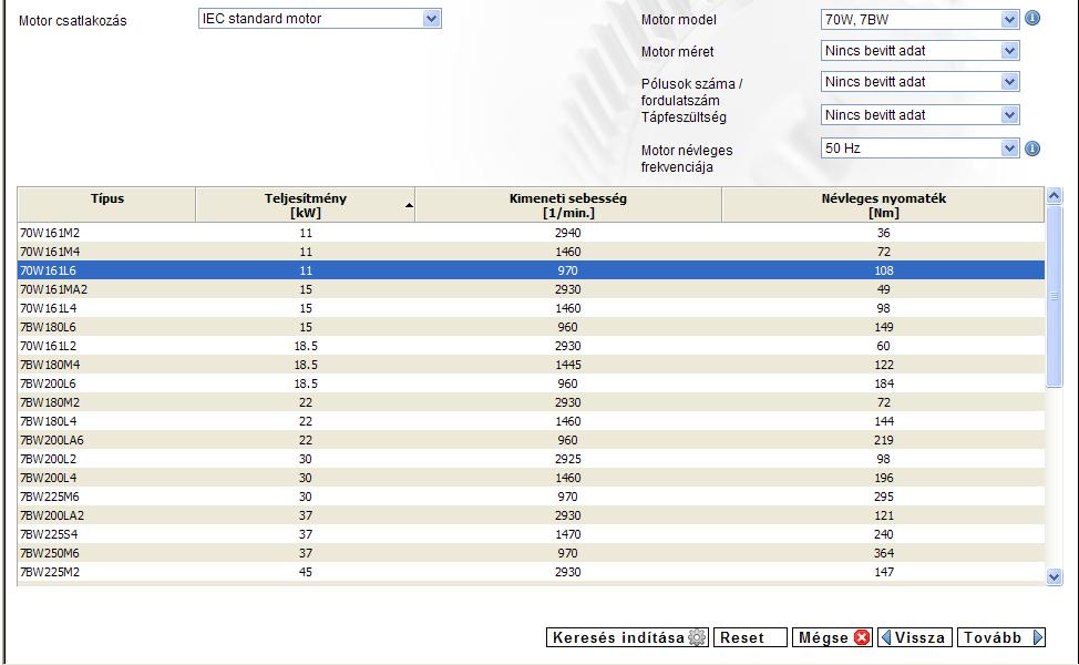 8. ábra A keresés eredményét a 9. ábrán láthatjuk. Megfigyelhetjük, hogyha a 8. ábra szerint írjuk be a teljesítményt, akkor a 11 KW és annál nagyobb teljesítményű motorok jelennek meg.