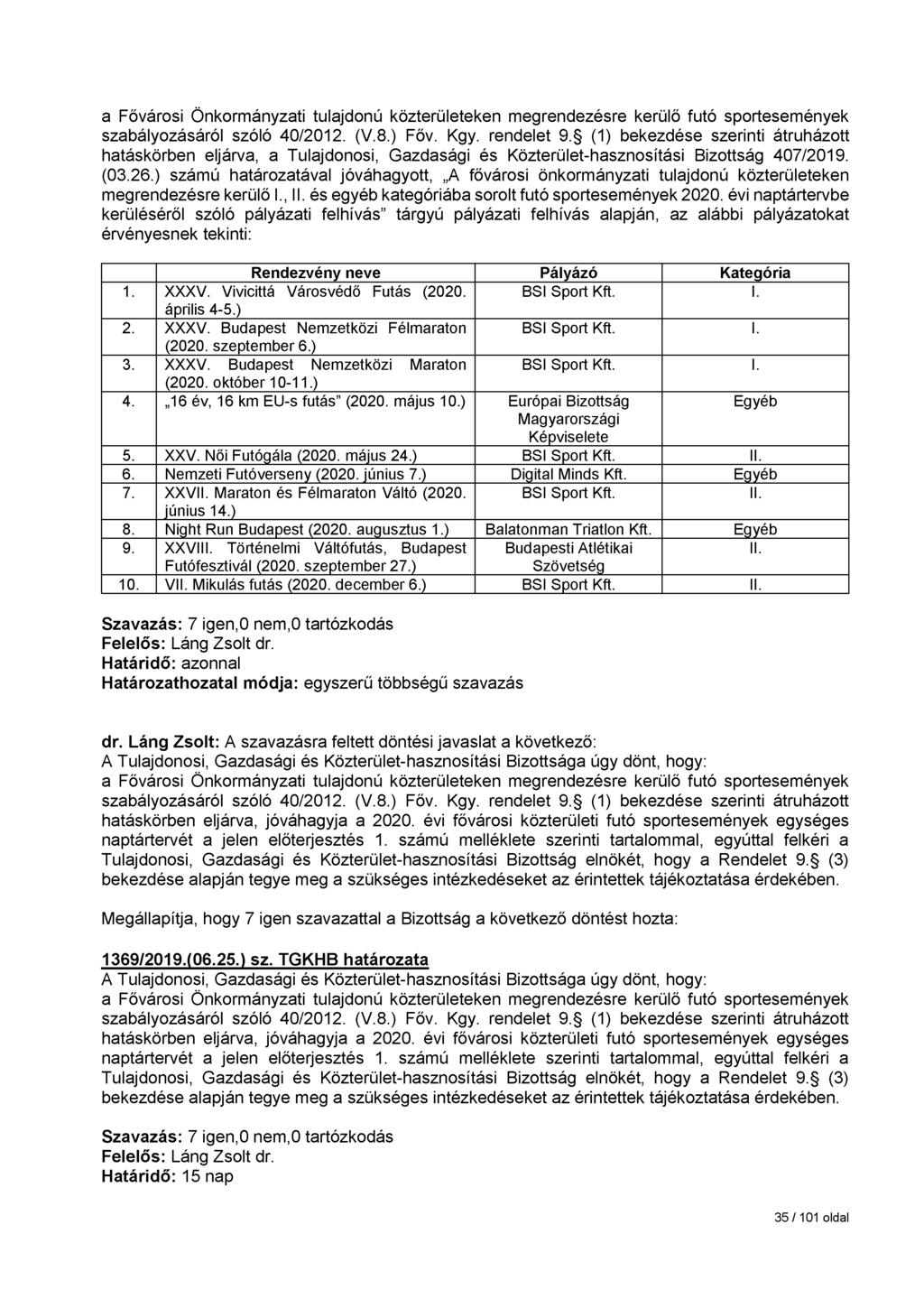 a Fővárosi Önkormányzati tulajdonú közterületeken megrendezésre kerülő futó sportesemények szabályozásáról szóló 40/2012. (V.8.) Főv. Kgy. rendelet 9.