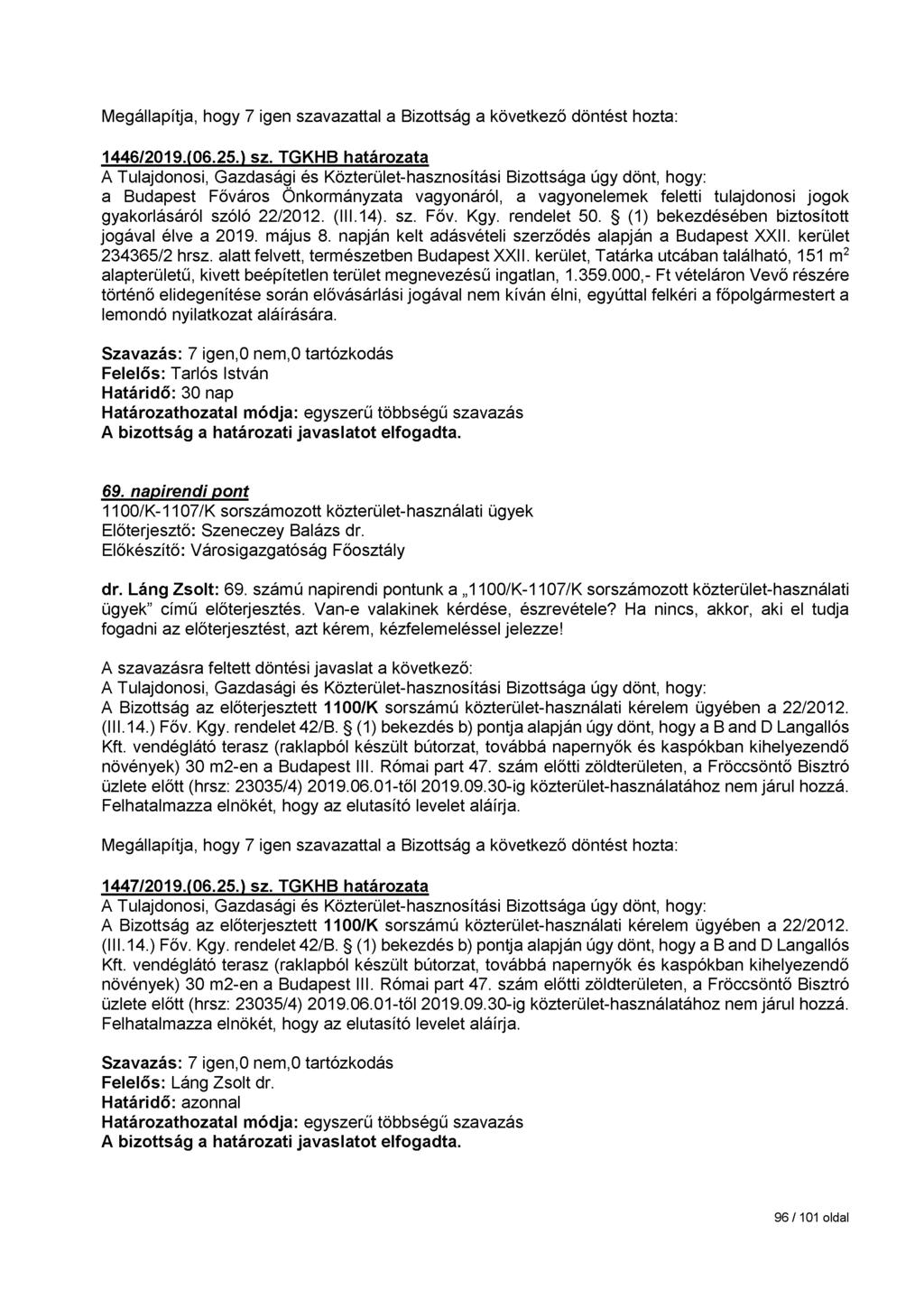 1446/2019.(06.25.) sz. TGKHB határozata jogával élve a 2019. május 8. napján kelt adásvételi szerződés alapján a Budapest XXII. kerület 234365/2 hrsz. alatt felvett, természetben Budapest XXII.