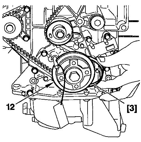 CHECKING AND SETTING THE VALVE TIMING Engines : 6FZ - RFN ENGINE Refit (continued) - Refit the belt (10) on the pinion (12). - Hold the belt (10) with tool [3].