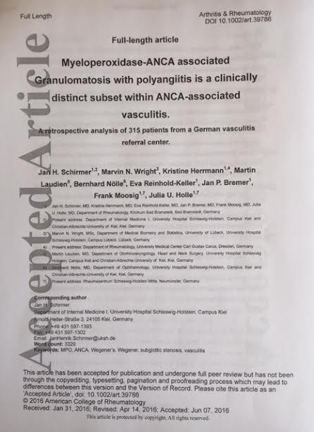 Granulomatosis polyangiitisszel (Wegener) GPA Klasszifikációs kritériumok ACR: 2 vagy