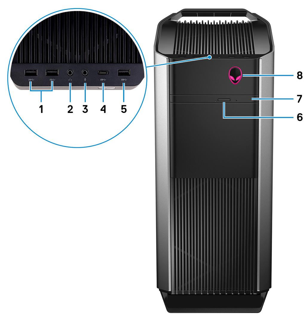 Az Alienware Aurora R8 különböző nézetei Elöl 1 USB 3.1 Gen 1 ports (2) Csatlakozást biztosít perifériák, például külső adattároló eszközök és nyomtatók számára.