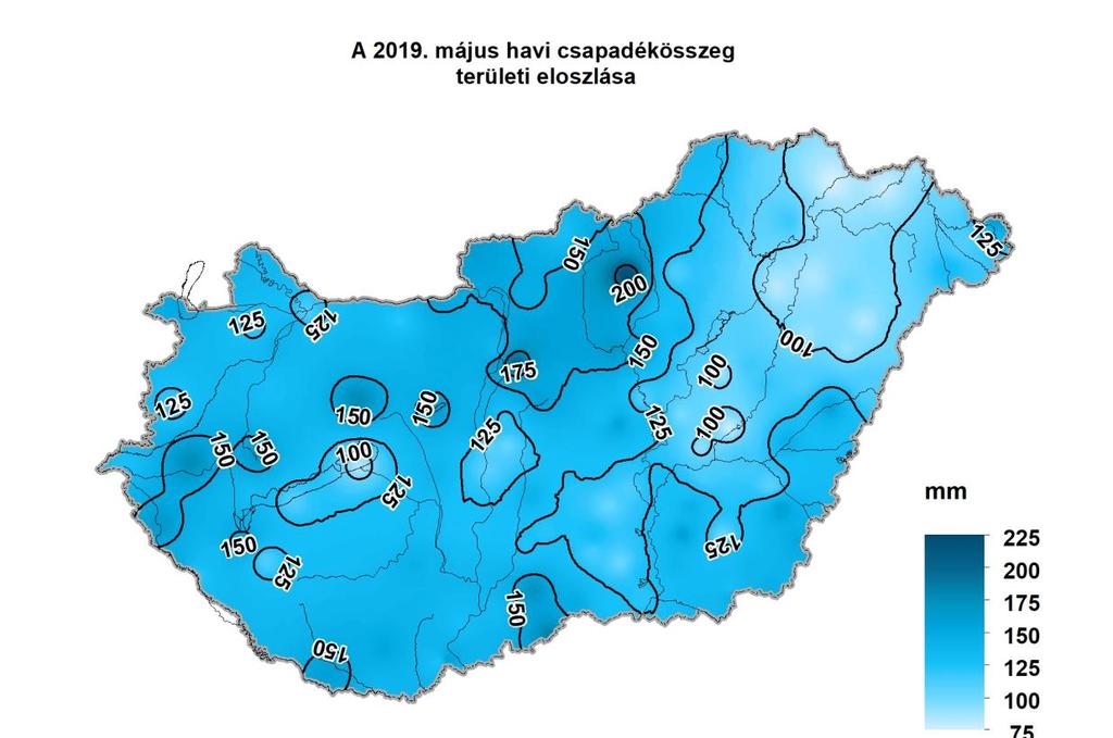 1. HELYZETÉRTÉKELÉS Csapadék 2019 májusában a rendelkezésre álló adatok szerint az ország területére lehullott csapadék mennyisége 81 mm (Sárospatak) és 222 mm (Kékestető) között alakult.