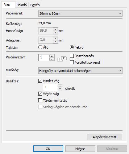 Közvetlen nyomtatás más Windows szoftverből Alap fül 11 Itt állíthatja be a papírméretet, példányszámot,