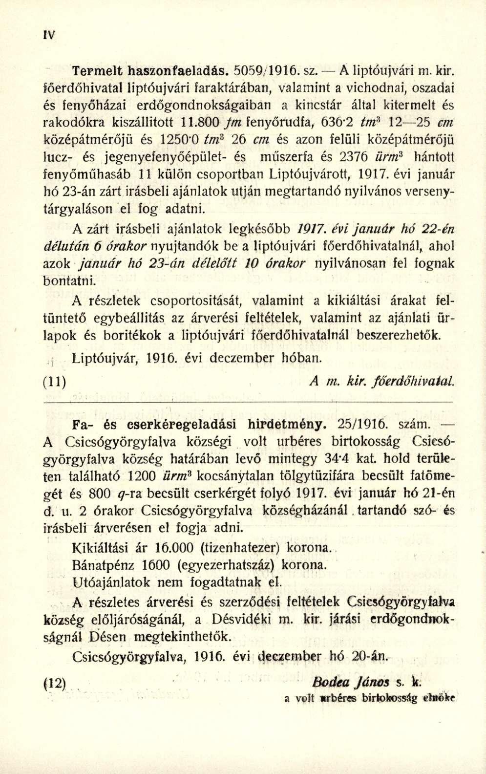 Termelt haszonfaeladás. 5059/1916. sz. A liptóujvári m. kir.