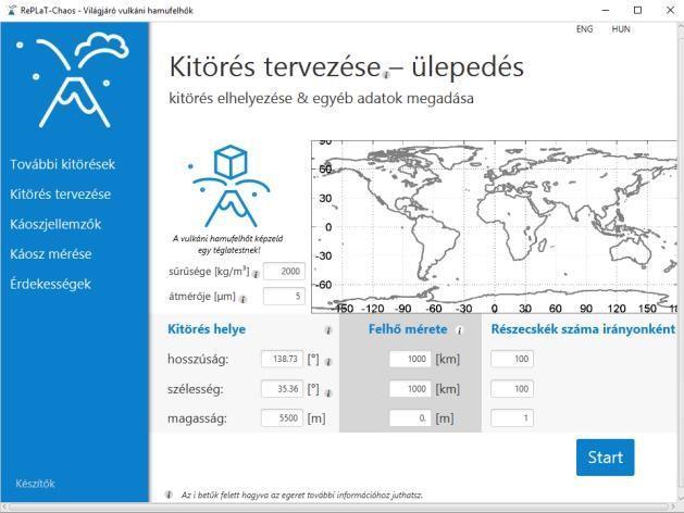A programban kétféle káoszjellemzőt tudnak mérni a diákok: a nyúlási rátát, mint a pillangóhatás erősségét jellemző számot, illetve a hamufelhő részecskéinek kiülepedési sebességét jellemző