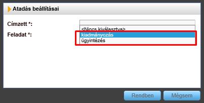 A feladatlista felett található Átadás gomb segítségével az iratot átadhatjuk más felhasználónak, "kiadmányozás" vagy "ügyintézés" feladatra.