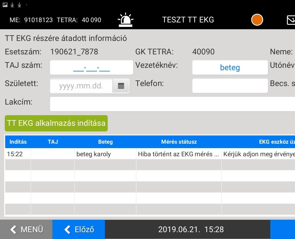 KIZÁRÓLAG TELEPÍTÉS ILETVE FRISSÍTÉS UTÁN ELSŐ EKG BT ADATKÜLDÉSI FELÜLET A APPLIKÁCIÓ