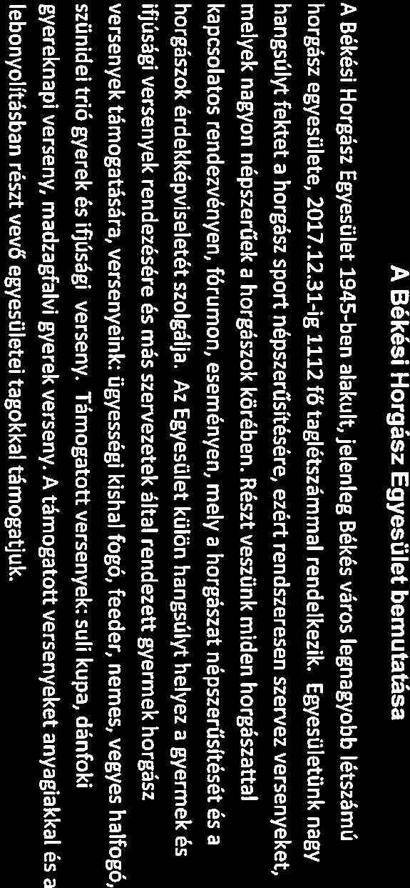 A Békési Horgász Egyesület bemuttás A Békési Horgász Egyesület 1945-ben lkult, Jelenleg Békés város legngyobb létszámú horgász egyesülete, 2017.12.