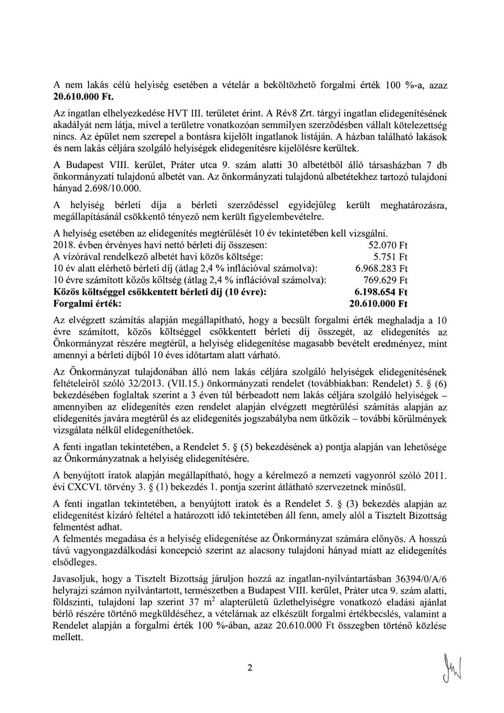 A nem lakás célú helyiség esetében a vételár a beköltözhető forgalmi érték 100 %-a, azaz 20.610.000 Ft. Az ingatlan elhelyezkedése HVT III. területet érint. A Rév8 Zrt.