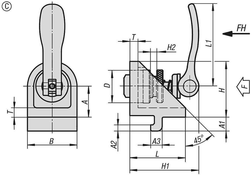 K1049_C Szorító szögvas C alak excenteres szorítómodullal Termékleírás / Termékillusztrációk Leírás Alapanyag: Szorító szögvas cinkprésöntvény. Excenteres szorítókar alumíniumöntvény. Alaptest acél.