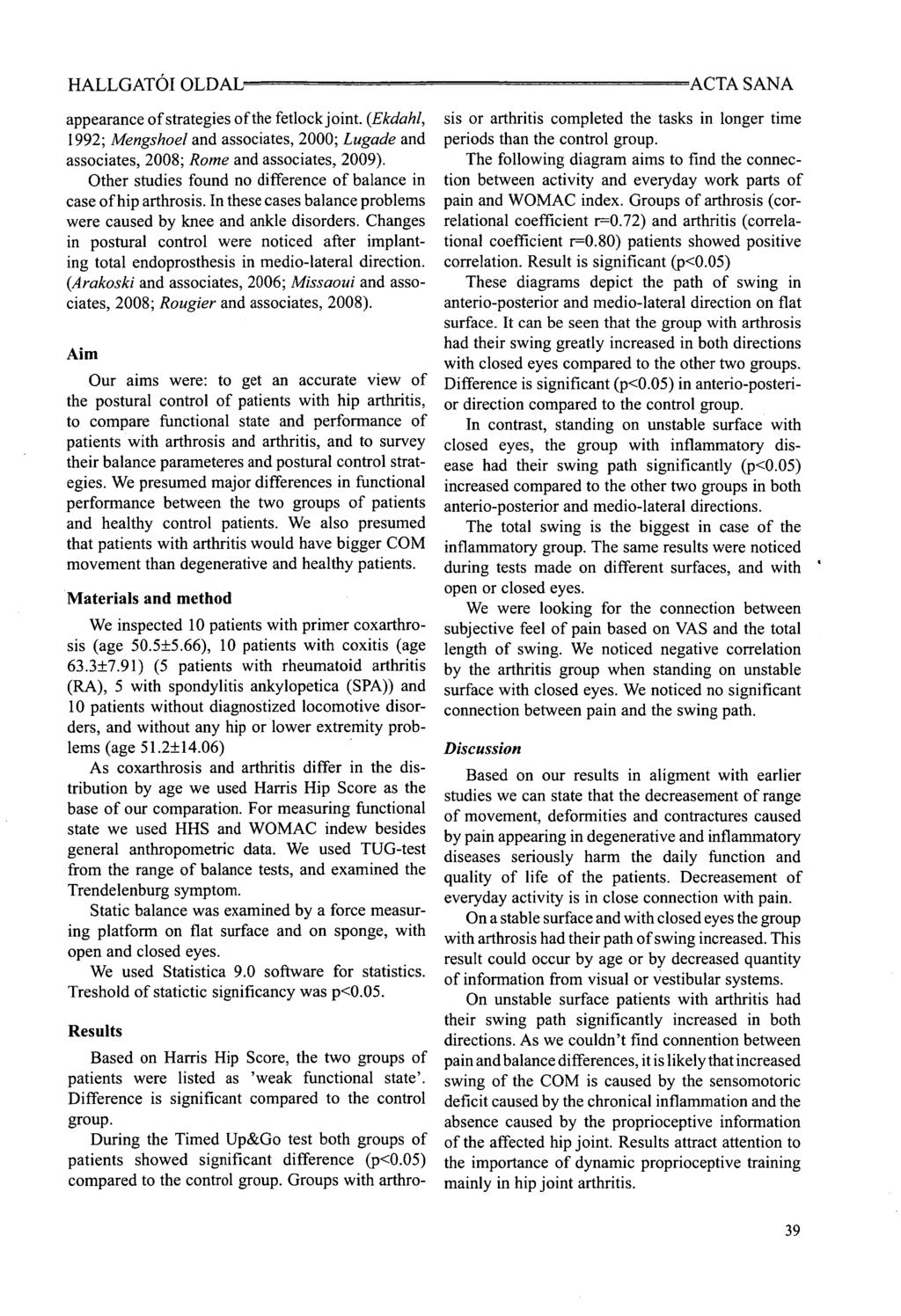 HALLGATÓI OLDAL = appearance of strategies of the fetlock joint. (Ekdahl, 1992; Mengshoel and associates, 0; Lugade and associates, 8; Rome and associates, 9).