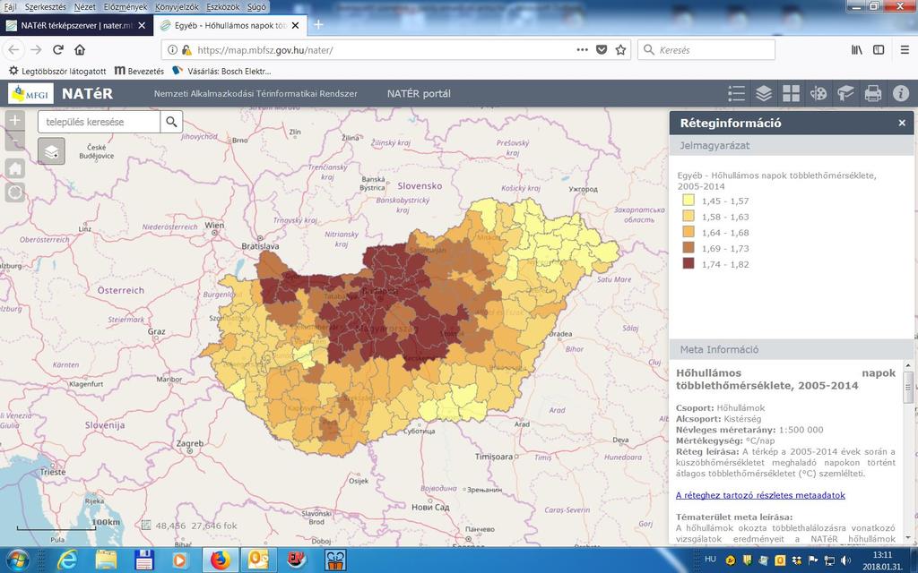 A küszöbhőmérsékletet meghaladó napok átlagos többlet hőmérséklete ( C), 2005-2014 A hőhullámos napok