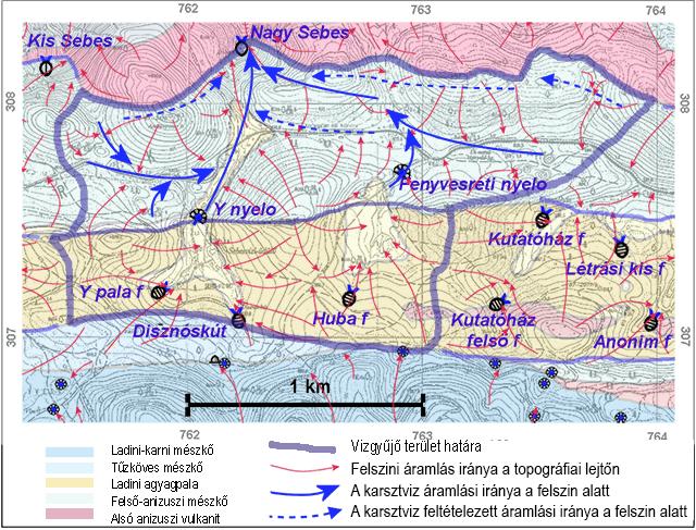 Depressziós fél-tölcsér a Sebes forrás vízkibocsájtó pontja körül (sematikus ábrázolás) A forráshoz 2.18 km 2 topográfiai vízgyűjtő tartozik, abból 0.91 km 2 agyagpalán, 1.