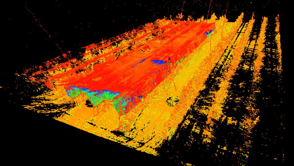 Lézerszkenner alapú almadetektálás A felérések során több szkennállásból mértük fel az ültetvény egy-egy kisebb szegmensét.
