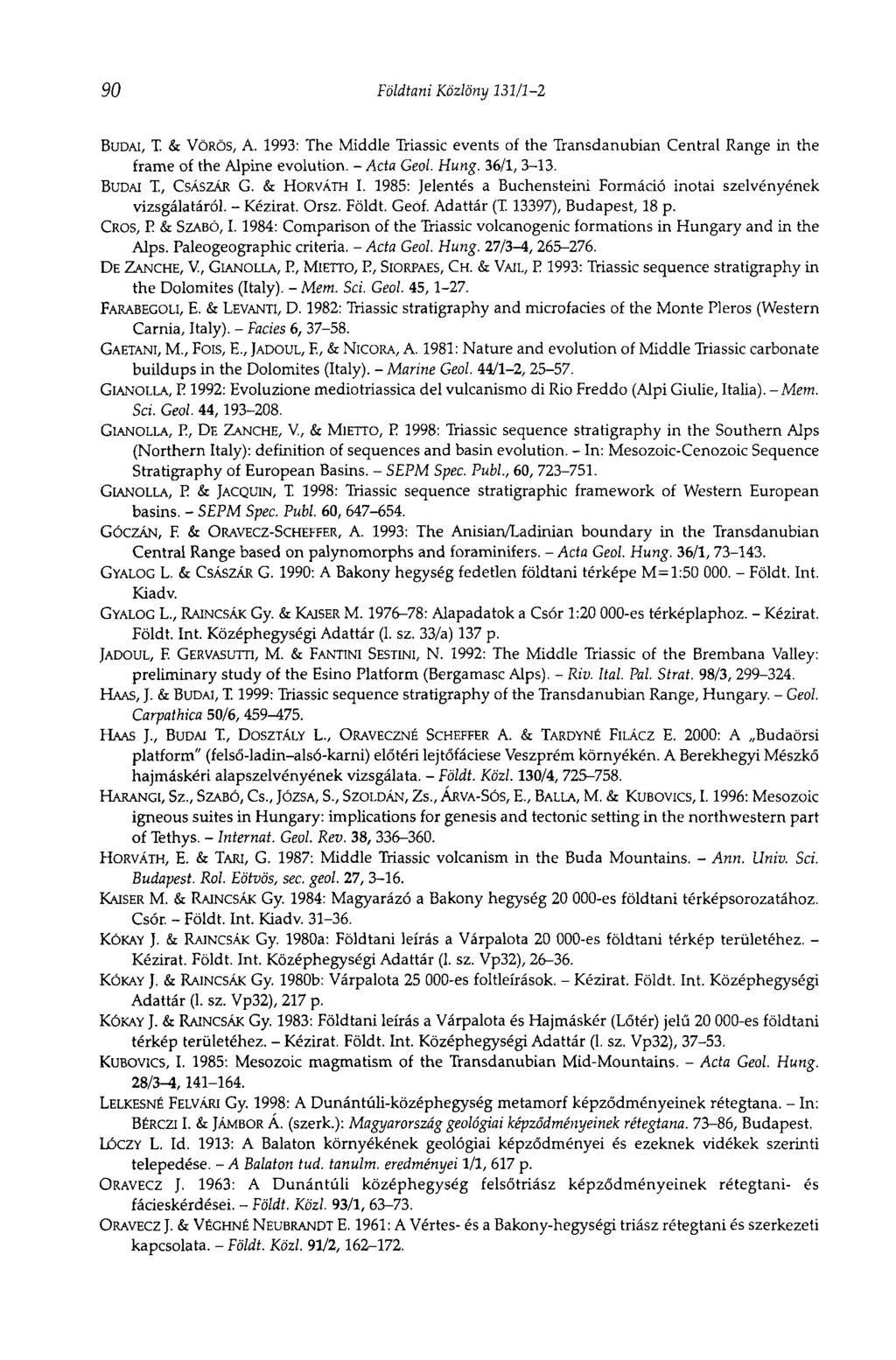 90 Földtani Közlöny 131/1-2 BUDAI, T. & VÖRÖS, A. 1993: The Middle Triassic events of the Transdanubian Central Range in the frame of the Alpine evolution. - Acta Geol. Hung. 36/1, 3-13. BUDAI T.