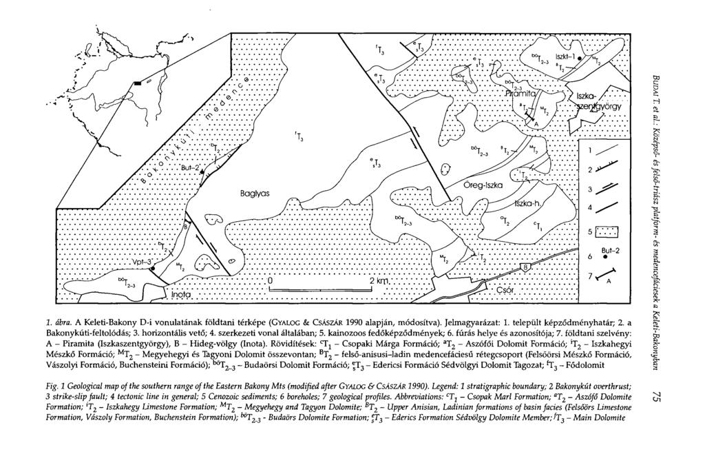 1. ábra. A Keleti-Bakony D-i vonulatának földtani térképe (GYALOG & CSÁSZÁR 1990 alapján, módosítva). Jelmagyarázat: 1. települt képződményhatár; 2. a Bakonykúti-feltolódás; 3. horizontális vető; 4.