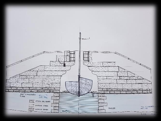 ábra) Piran kikötőjében állt egy ma már nem létező híd, amely két konzolból állt, a középső rés a hajók árbócainak áthaladásának biztosítására szolgált. (7.