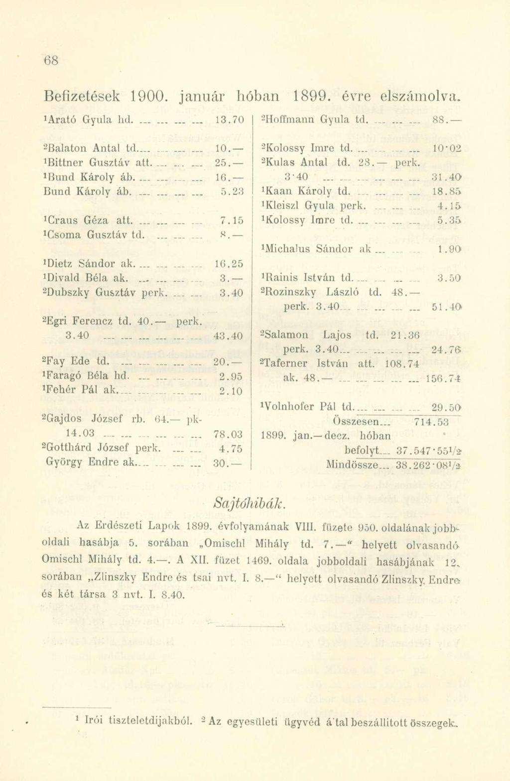 Befizetések 1900. januá r hóban 1899. évr e elszámolva. 1 Arató Gyul a hd.. _ - 1 3.70 2 Hoffmann Gyul a td. 8S. Balaton Anta l t d - 10. 2 JBittner Gusztá v att. - 25. ibund Károl y áh. 16.